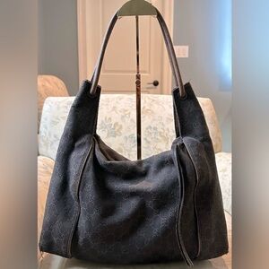 GUCCI Black Signature Jacquard Shoulder Bag with Brown Leather Trim